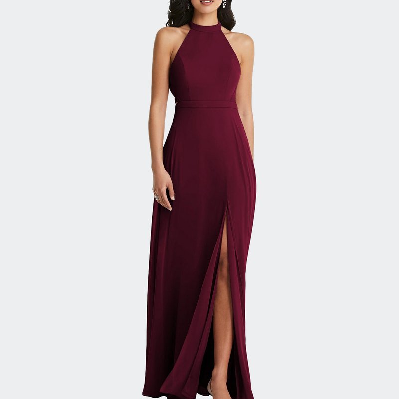 Dessy Collection Stand Collar Halter Maxi Dress With Criss Cross Open-back In Cabernet
