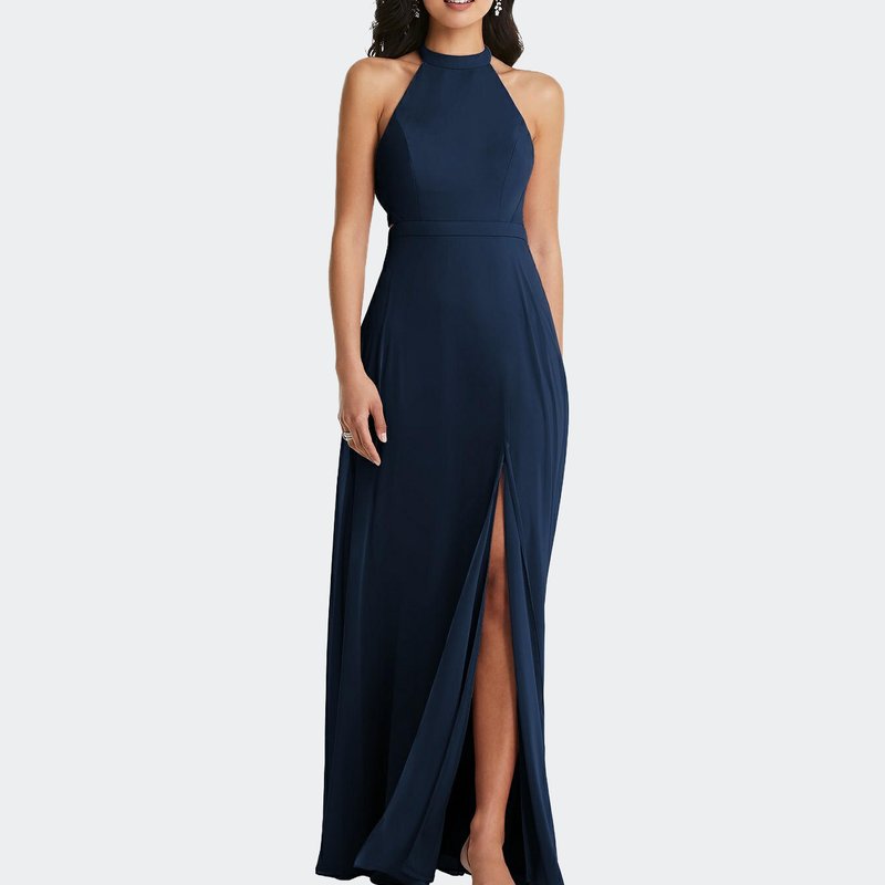 Dessy Collection Stand Collar Halter Maxi Dress With Criss Cross Open-back In Midnight Navy
