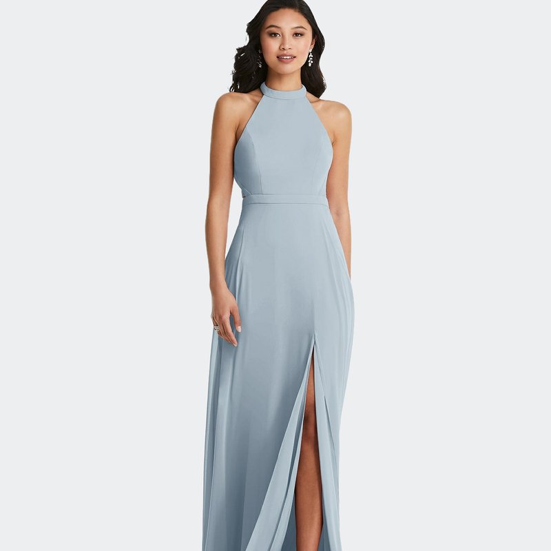 Dessy Collection Stand Collar Halter Maxi Dress With Criss Cross Open-back In Mist