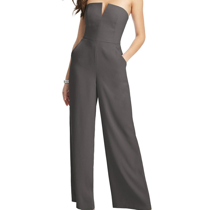 Dessy Collection Strapless Notch Crepe Jumpsuit With Pockets In Caviar Gray