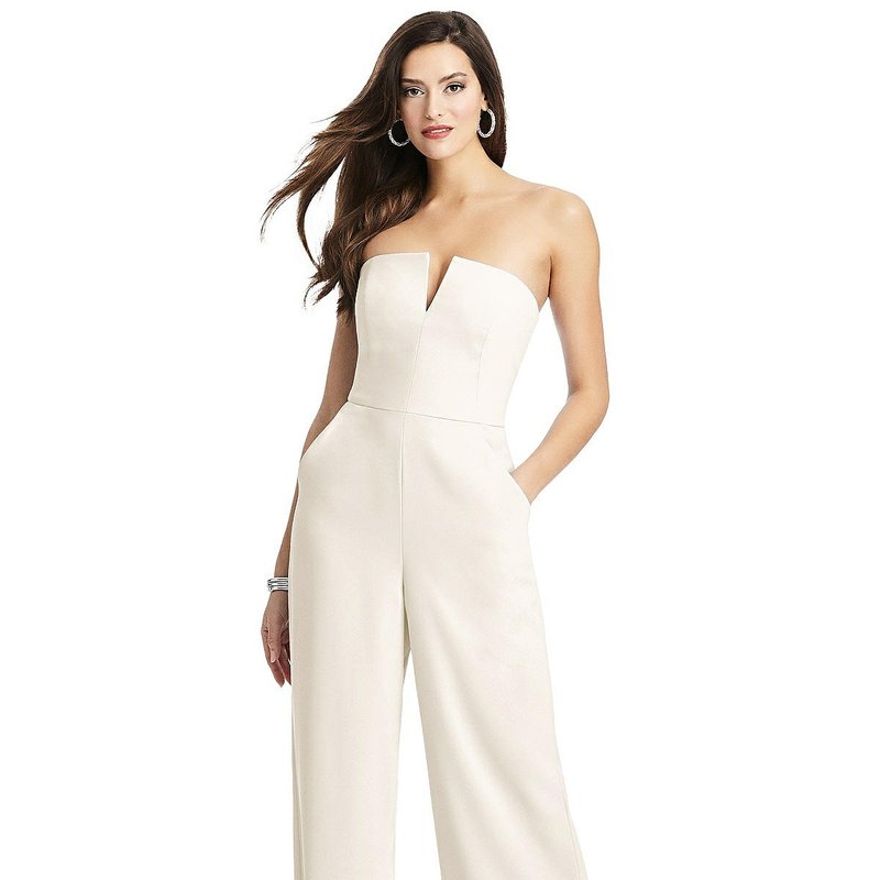 Shop Dessy Collection Strapless Notch Crepe Jumpsuit With Pockets In White