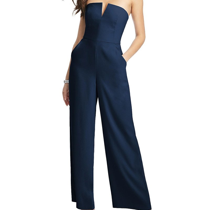 Shop Dessy Collection Strapless Notch Crepe Jumpsuit With Pockets In Blue