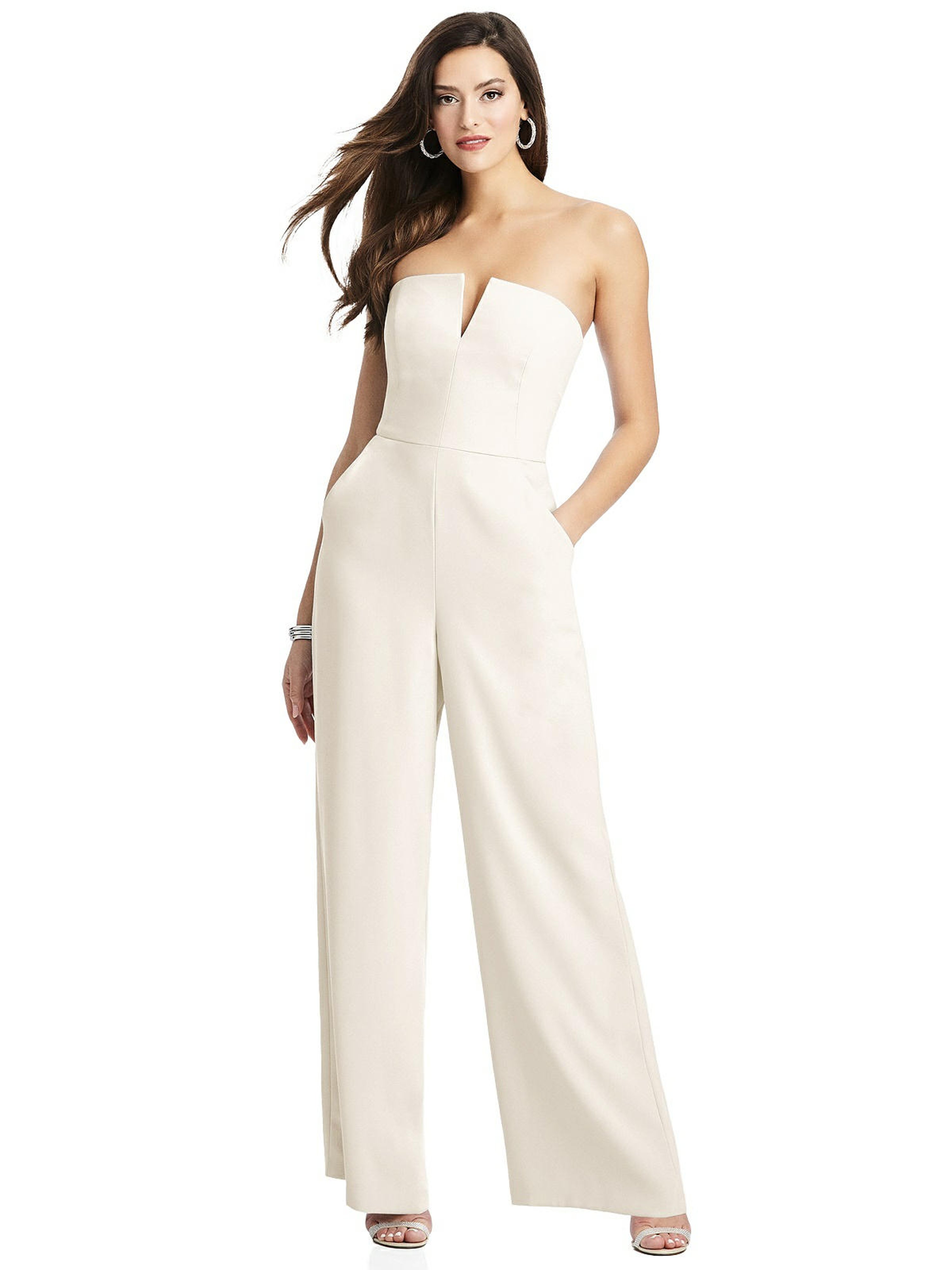 DESSY COLLECTION DESSY COLLECTION STRAPLESS NOTCH CREPE JUMPSUIT WITH POCKETS