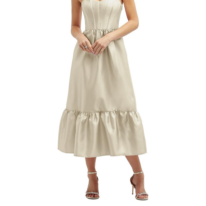 Shop Dessy Collection Strapless Satin Midi Corset Dress With Lace-up Back & Ruffle Hem In Grey