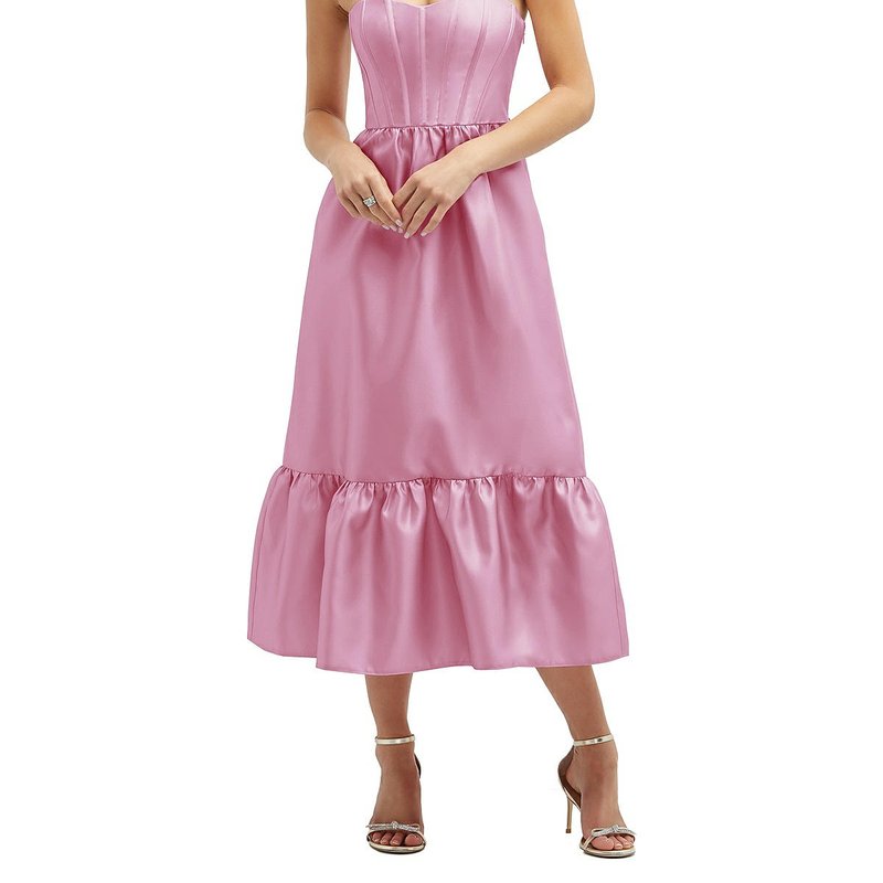 Shop Dessy Collection Strapless Satin Midi Corset Dress With Lace-up Back & Ruffle Hem In Pink