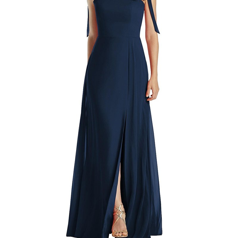 Shop Dessy Collection Tie-shoulder Chiffon Maxi Dress With Front Slit In Blue