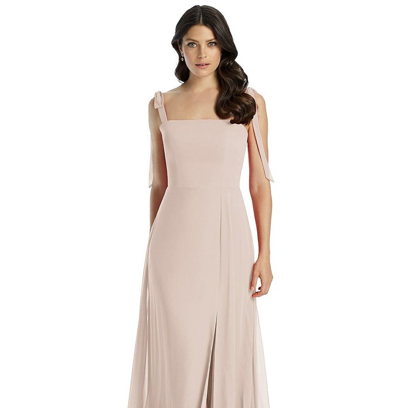 Dessy Collection Tie-shoulder Chiffon Maxi Dress With Front Slit In Pink