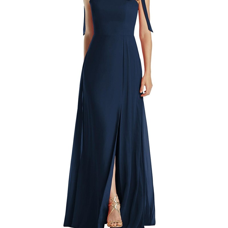 Dessy Collection Tie Shoulder Chiffon Maxi Dress With Front Slit In Midnight Navy