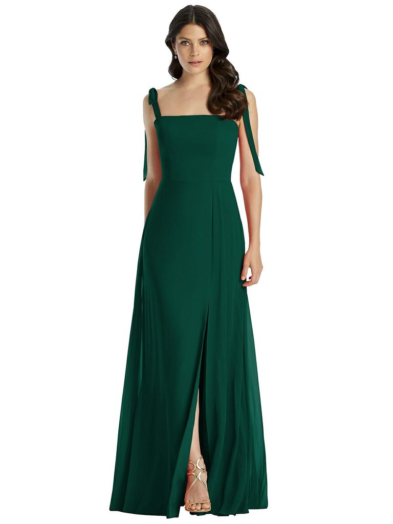 Tie Shoulder Chiffon Maxi Dress with Front Slit - Hunter Green