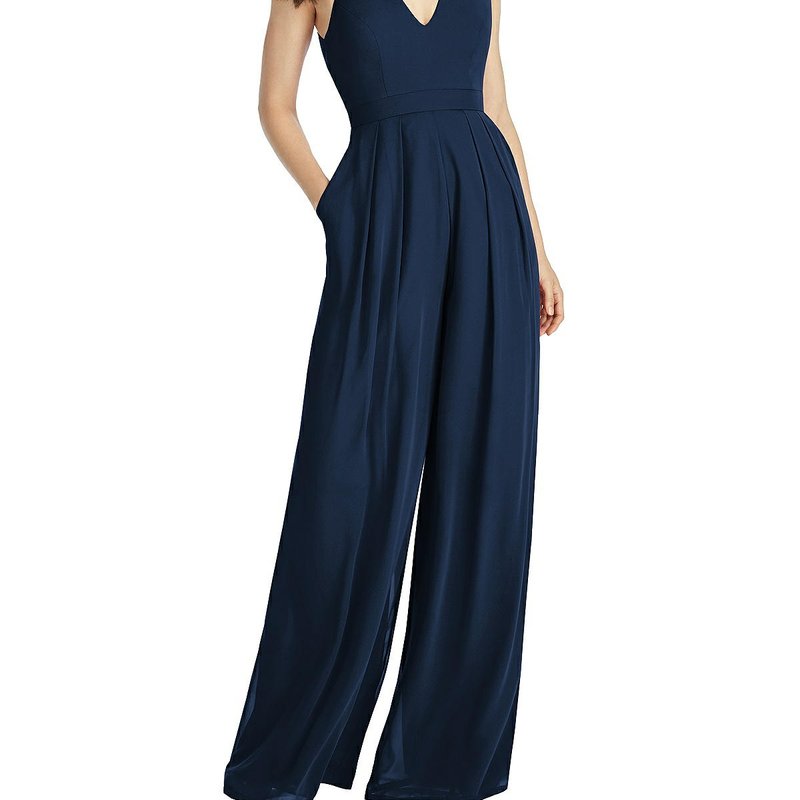 Dessy Collection V-neck Backless Pleated Front Jumpsuit In Blue