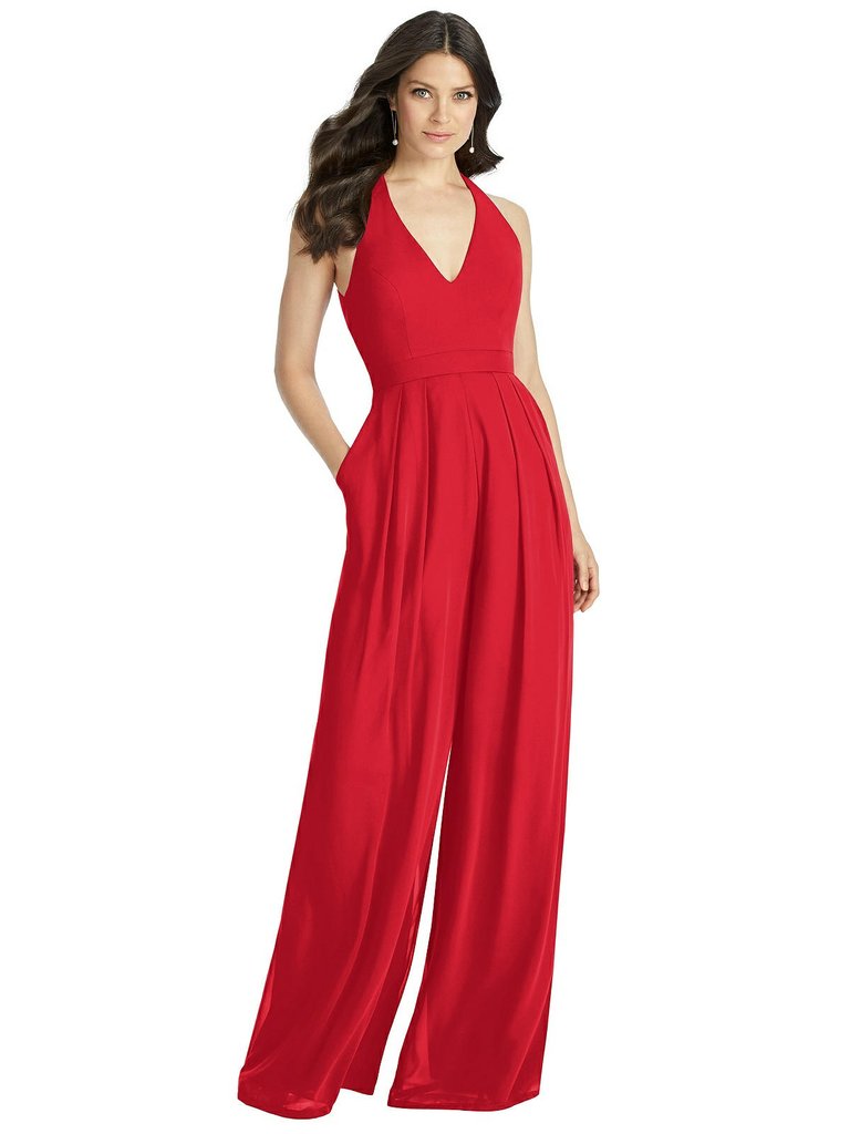 V-Neck Backless Pleated Front Jumpsuit - Arielle - 3046