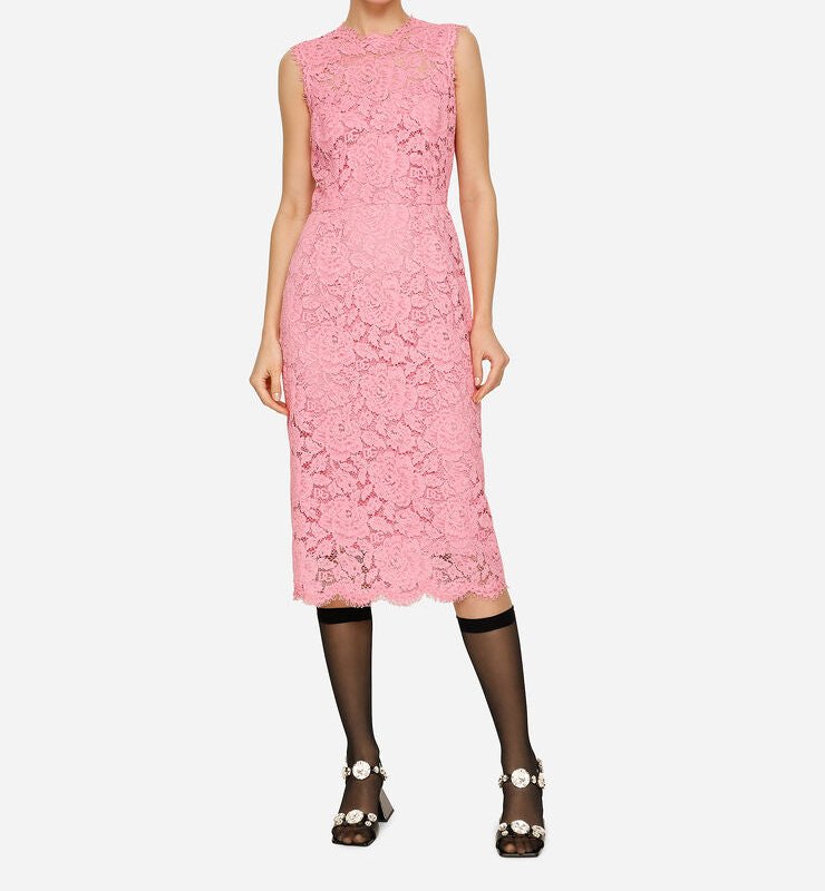 Dolce & Gabbana Branded Stretch Lace Calf-length Dress In Pink