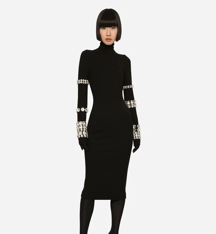 Dolce & Gabbana Kim Calf-length Dress In Jersey Milano Rib With Rhinestones In Black