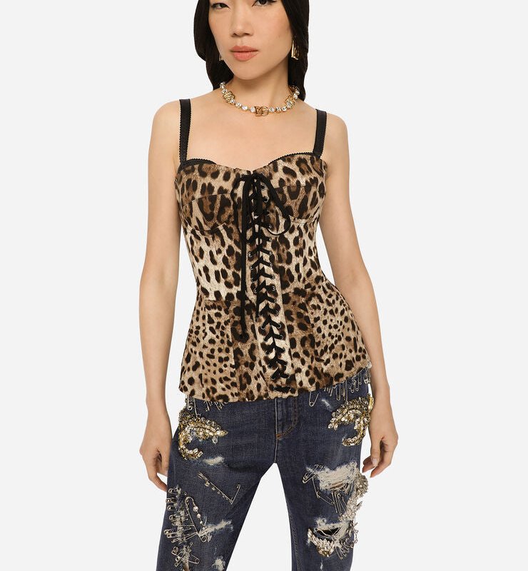 Dolce_and_gabanna Leopard-print Drill Shaper Corset With Laces In Brown