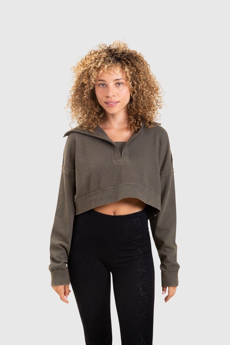 Lydia Cropped Waffle Pullover - Olive 21
