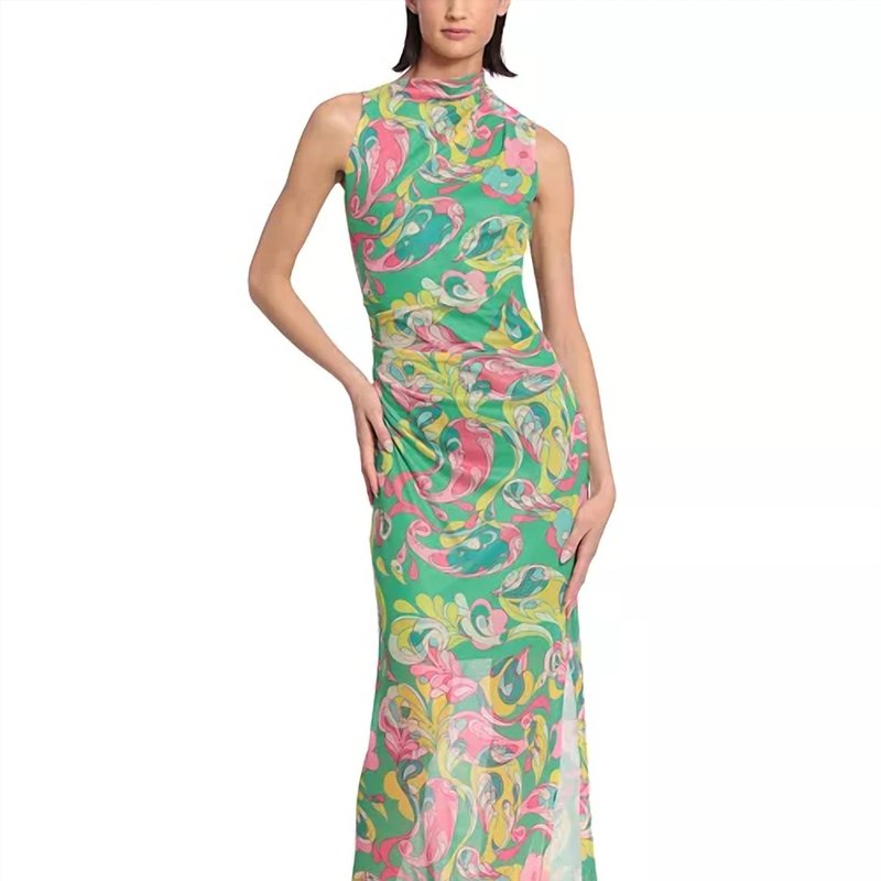 Shop Donna Morgan Printed Mesh-overlay Maxi Dress In Green