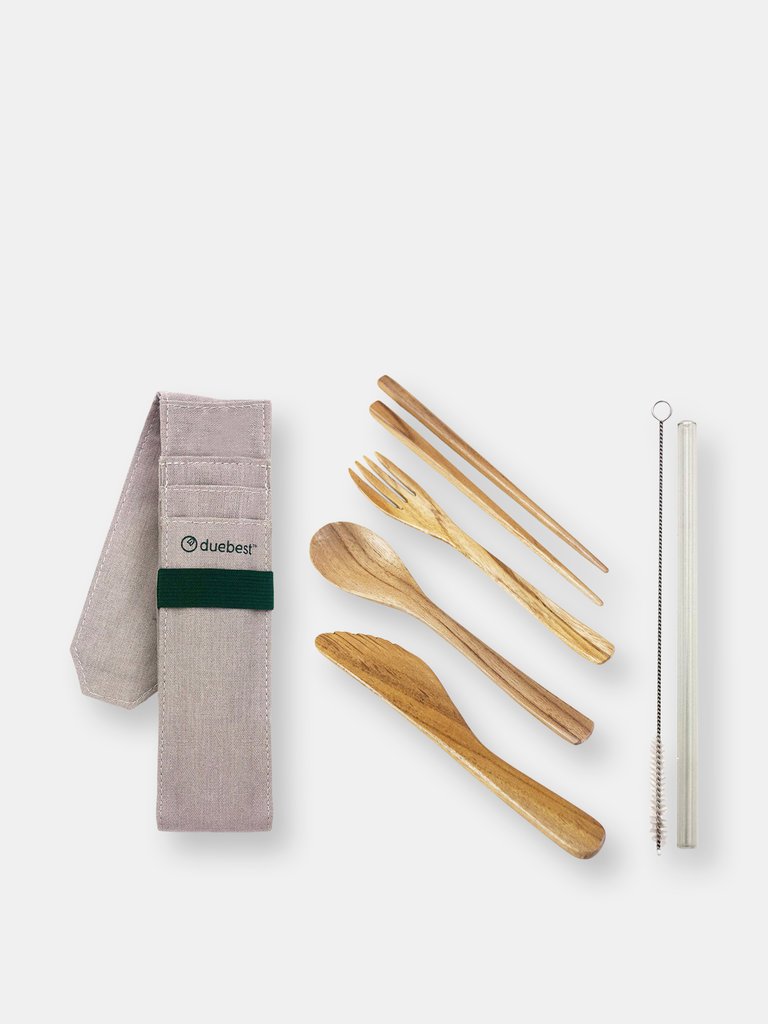 Reusable Wooden Cutlery Set & Straw - Brown