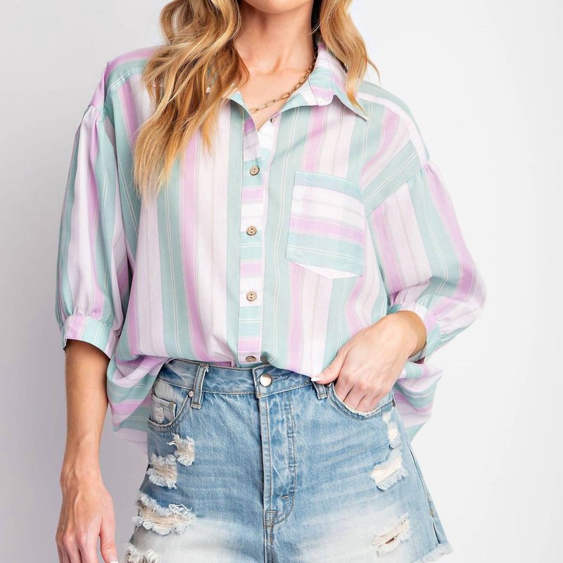 Shop Easel Striped Button Top In Lavender In Purple
