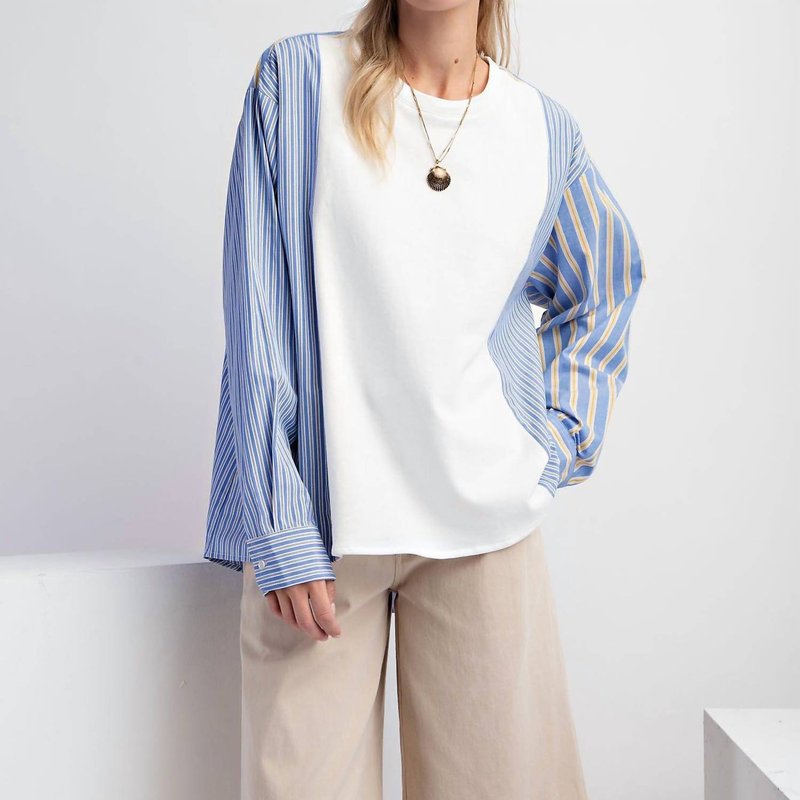 Easel Striped Voile Mixed Knit Top In White/blue Stripe