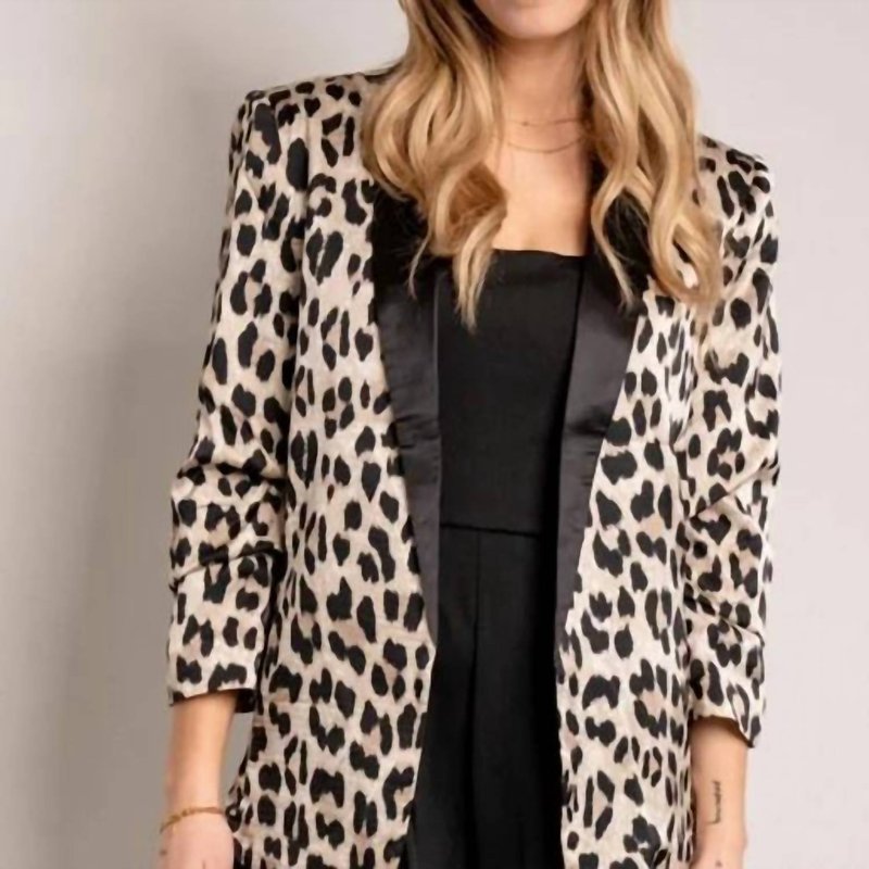 Shop Eesome Plus Leopard Satin Blazer In Brown