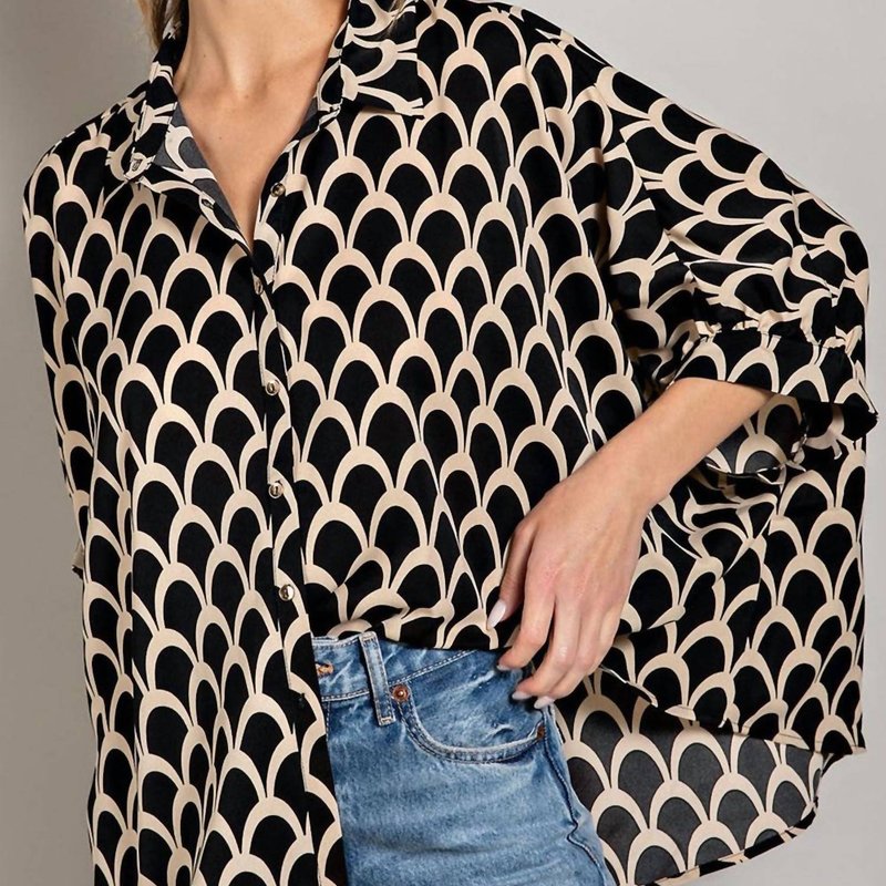 Shop Eesome Printed Button Down Blouse In Black