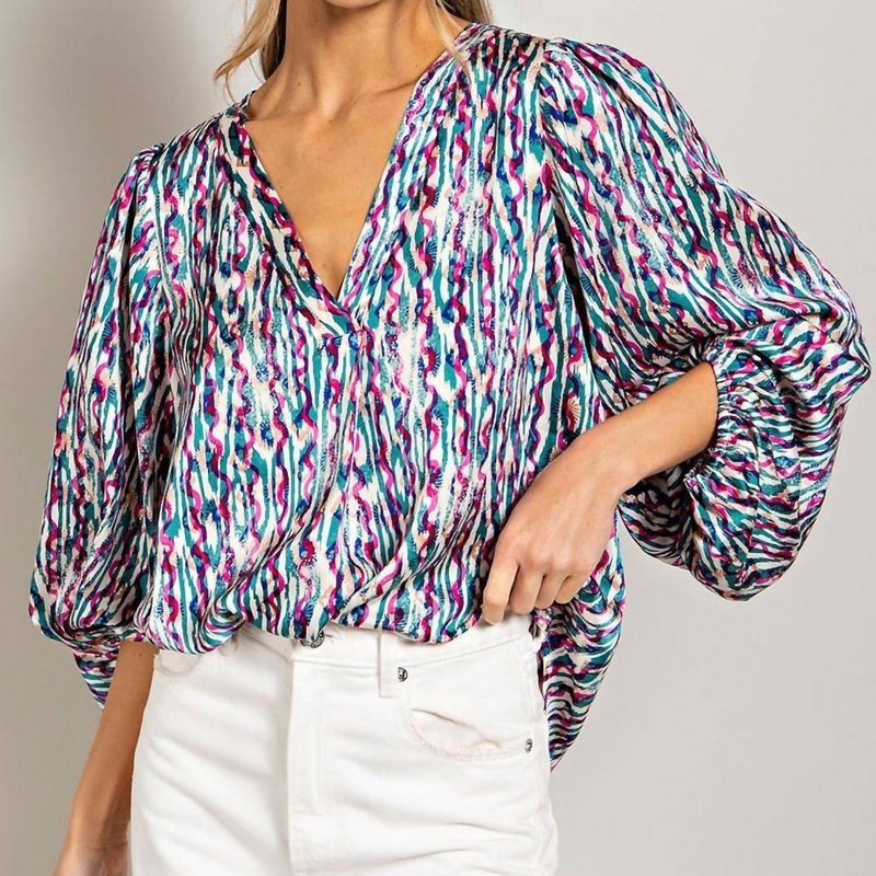 Shop Eesome Retro Print V Neck Bubble Sleeve Blouse In Blue