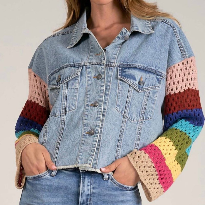 Shop Elan Crochet Sleeve Denim Jacket In Blue