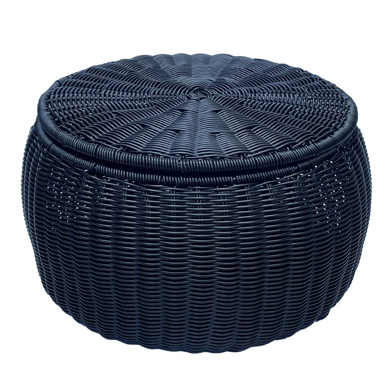 Ele Light & Decor Outdoor/indoor Black Pouf Wicker Footstool Storage Seat With Lid In Blue