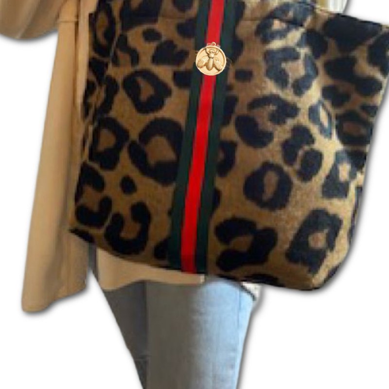 Embellish Your Life Little Leopard With Striped Band And Bee Tote Bag In Brown