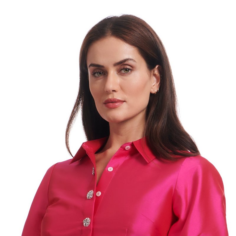 Shop Emily Shalant Puff Sleeve Blouse With Floral Medallion Buttons In Red