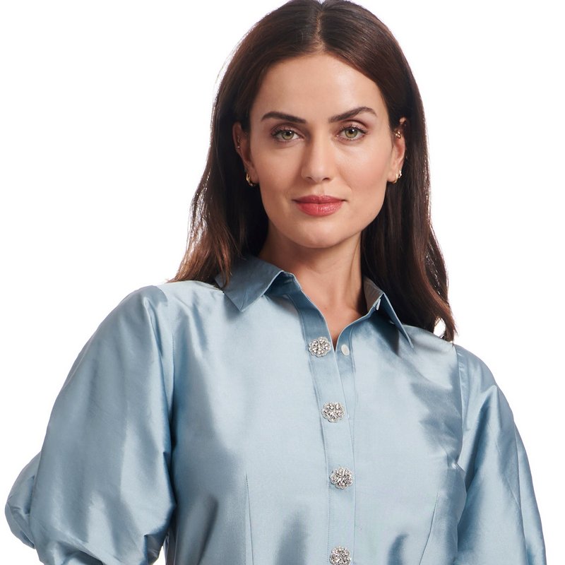 Shop Emily Shalant Puff Sleeve Blouse With Floral Medallion Buttons In Blue