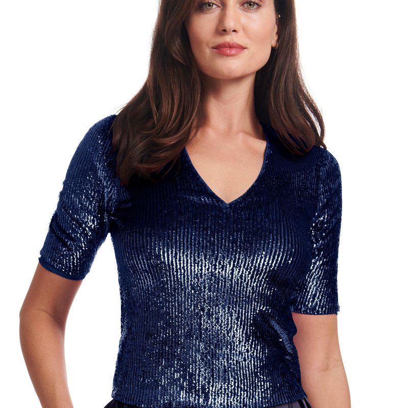 Shop Emily Shalant Sequin V-neck Elbow Sleeve Tee In Blue