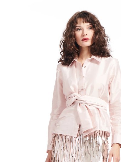 EMILY SHALANT Spring Taffeta Asymmetrical Wrap Shirt with Rhinestone Buttons product