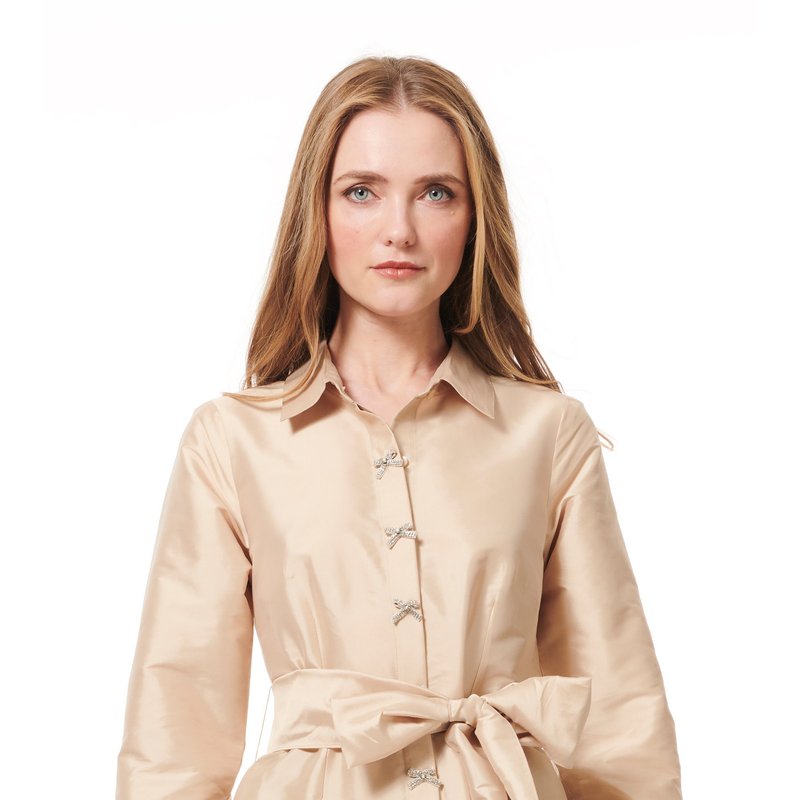 Shop Emily Shalant Taffeta Blouse With Crystal Bow Buttons And Sash In Brown