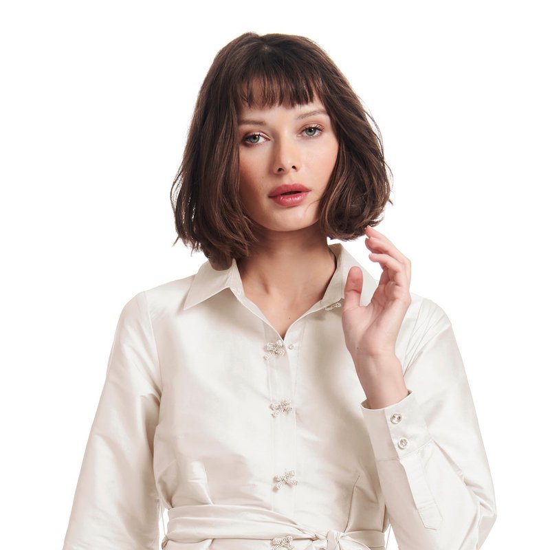 Shop Emily Shalant Taffeta Blouse With Crystal Bow Buttons And Sash In White