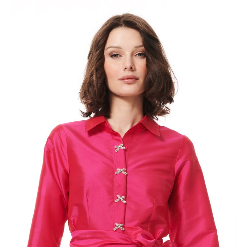 Shop Emily Shalant Taffeta Blouse With Crystal Bow Buttons And Sash In Red
