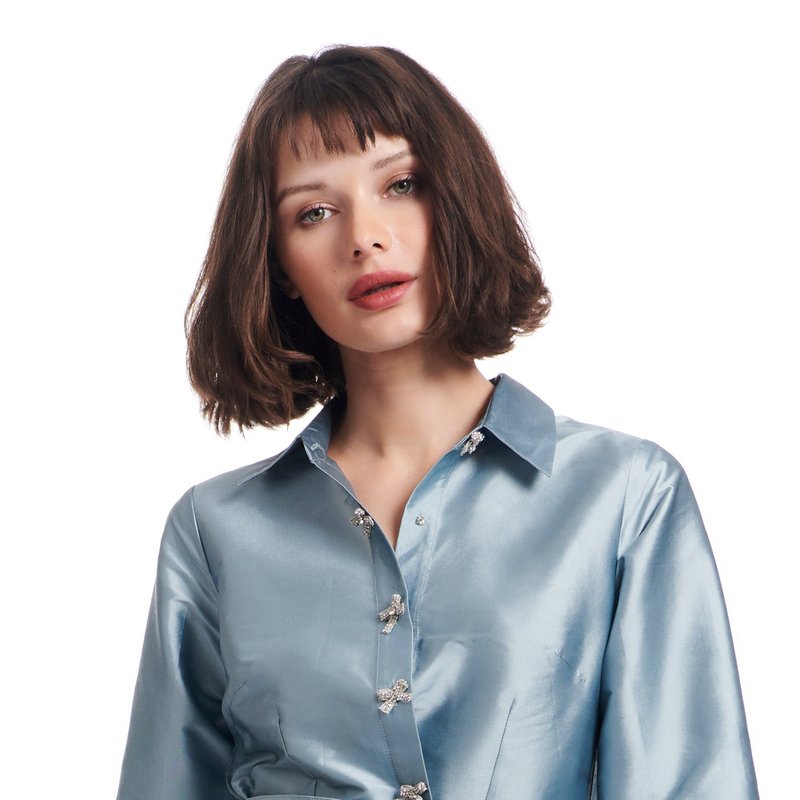 Shop Emily Shalant Taffeta Blouse With Crystal Bow Buttons And Sash In Blue
