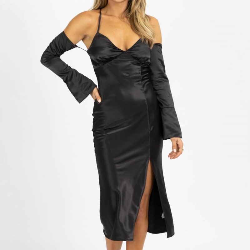 Shop Emory Park Satin Midi Dress With Long Cuff-sleeve In Black