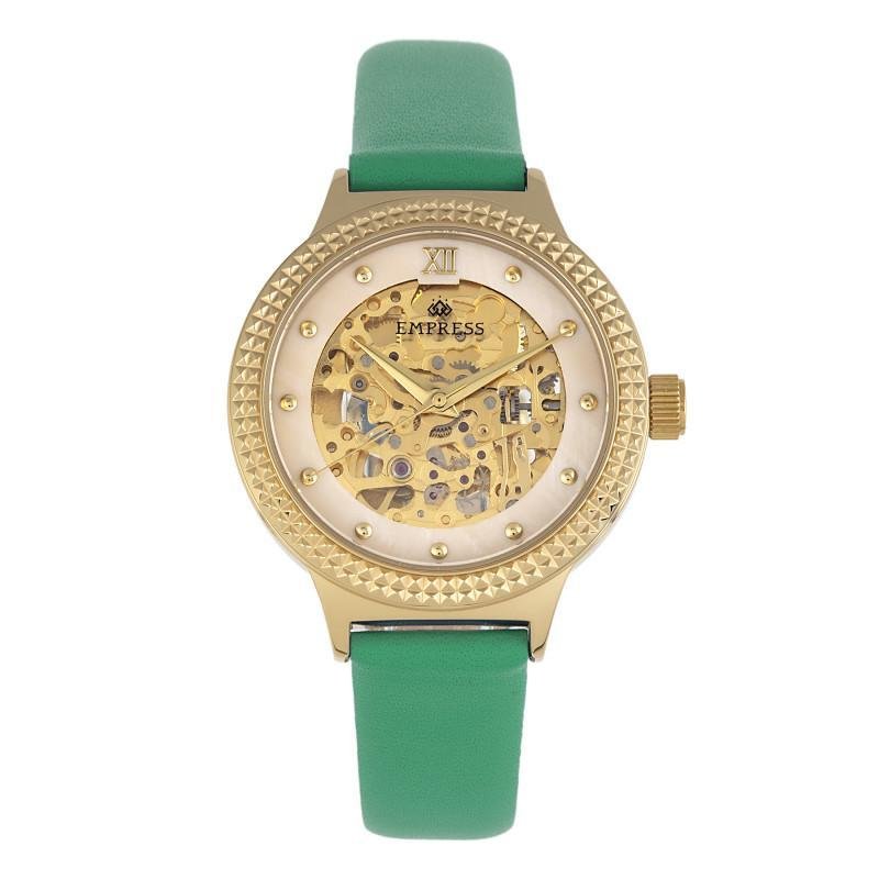 Empress Watches Empress Alice Automatic Mop Skeleton Dial Leather-band Watch In Green