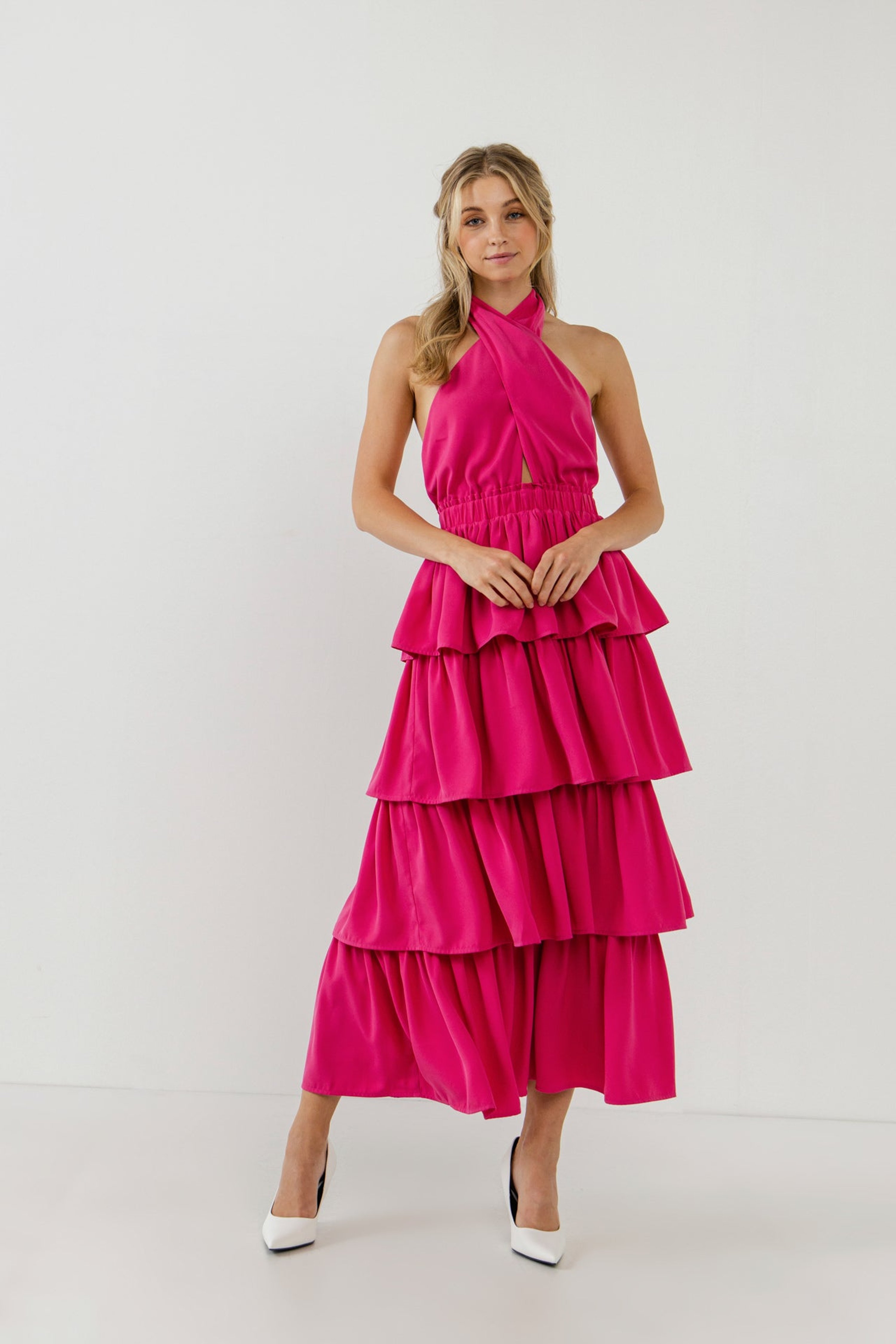 ENDLESS ROSE ENDLESS ROSE CROSSED HALTER NECK TIERED MAXI DRESS