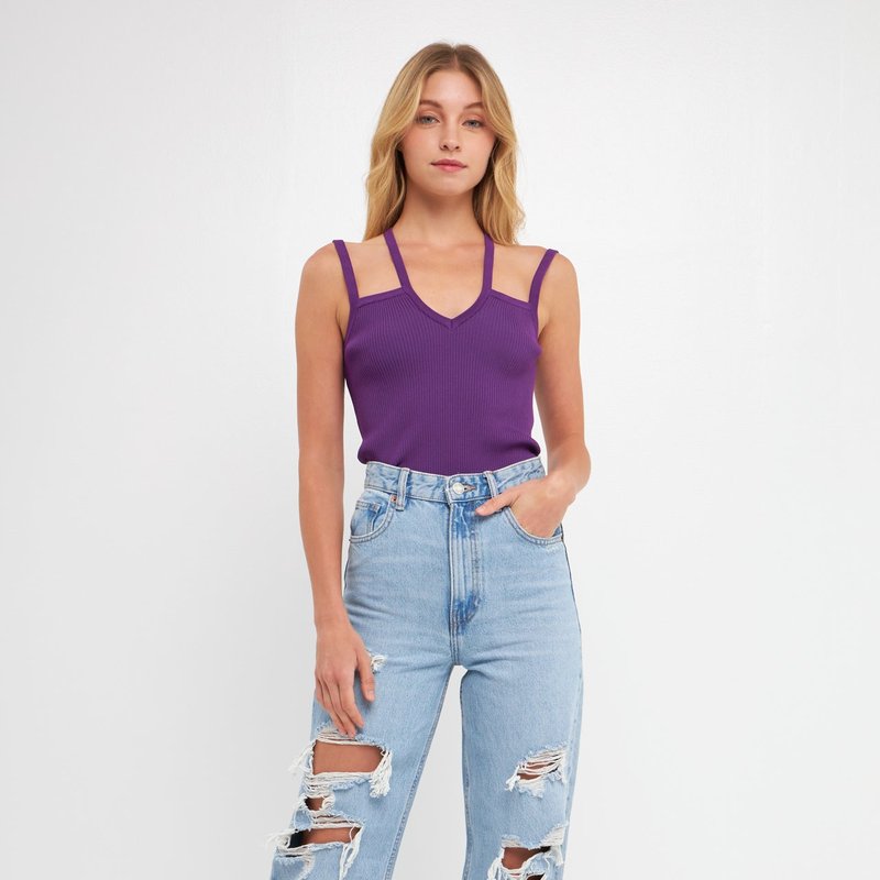 Endless Rose Strap Detail Fitted Knit Top In Purple