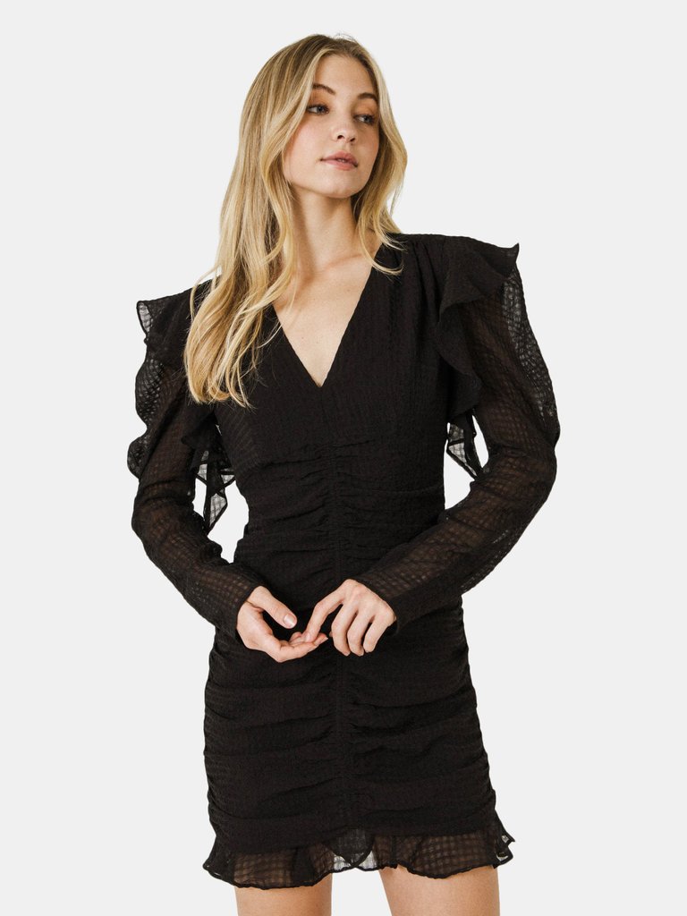 Textured Long Sleeves Ruched Mini Dress - Black