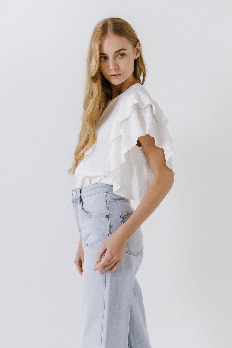 Textured Ruffle Sleeve T-Shirt - White
