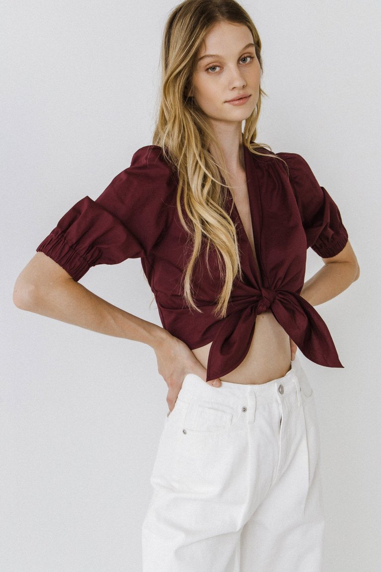 Tied Front Cropped Top - Burgundy