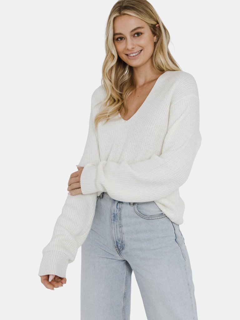 V- Neckline Long Sleeve Sweater - Cream