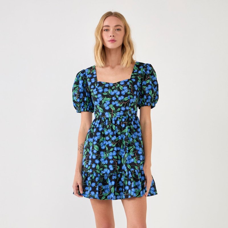 ENGLISH FACTORY BLUEBERRY PRINT MINI DRESS WITH PUFF SLEEVES