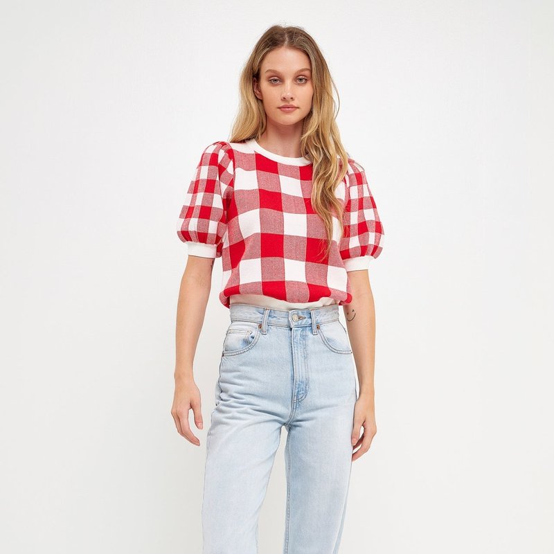 ENGLISH FACTORY ENGLISH FACTORY GINGHAM PUFF SLEEVE KNIT TOP