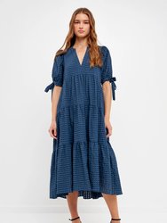 Gingham Tiered Midi Dress with Bow Tie Sleeves - White