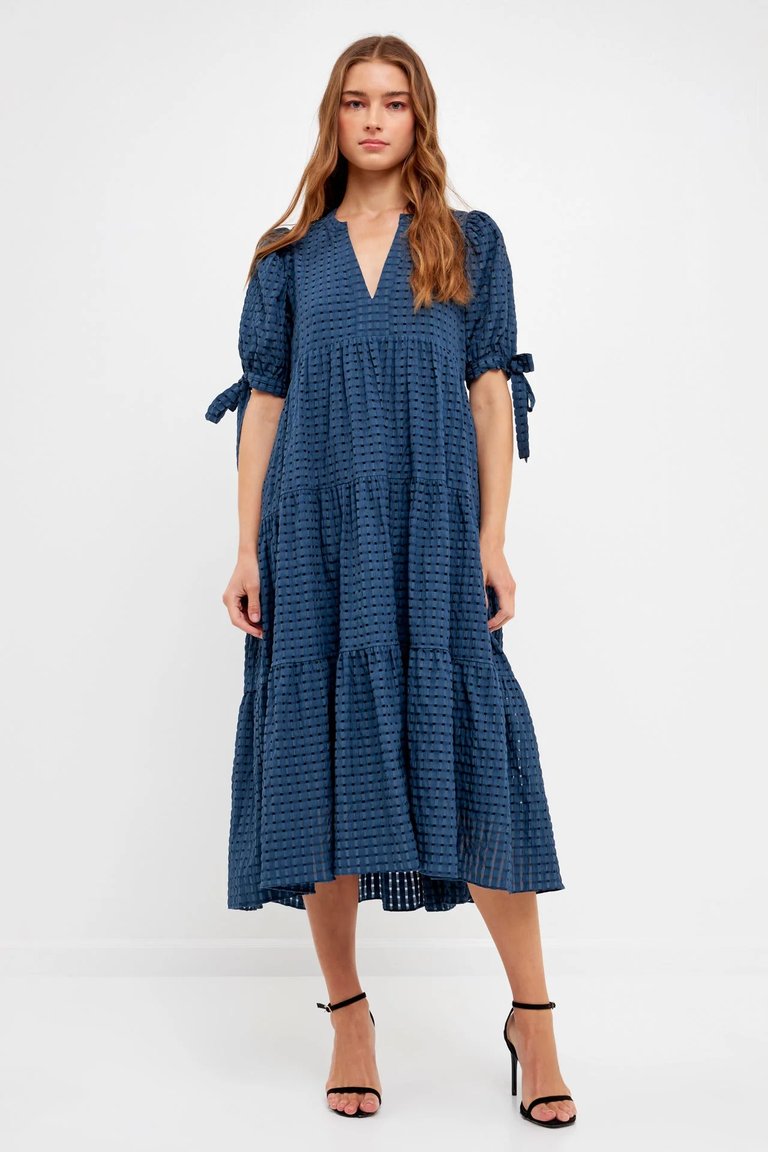 Gingham Tiered Midi Dress with Bow Tie Sleeves - White