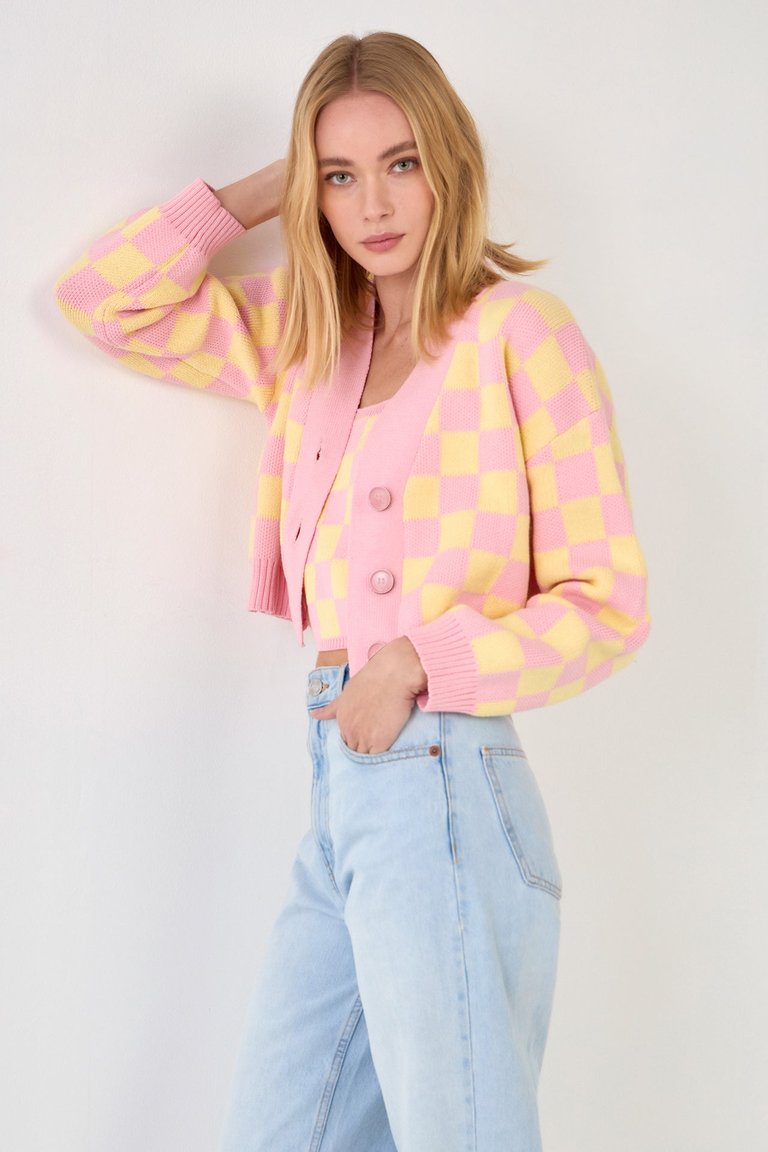 Knitted Checker Cardigan - Pink/Yellow